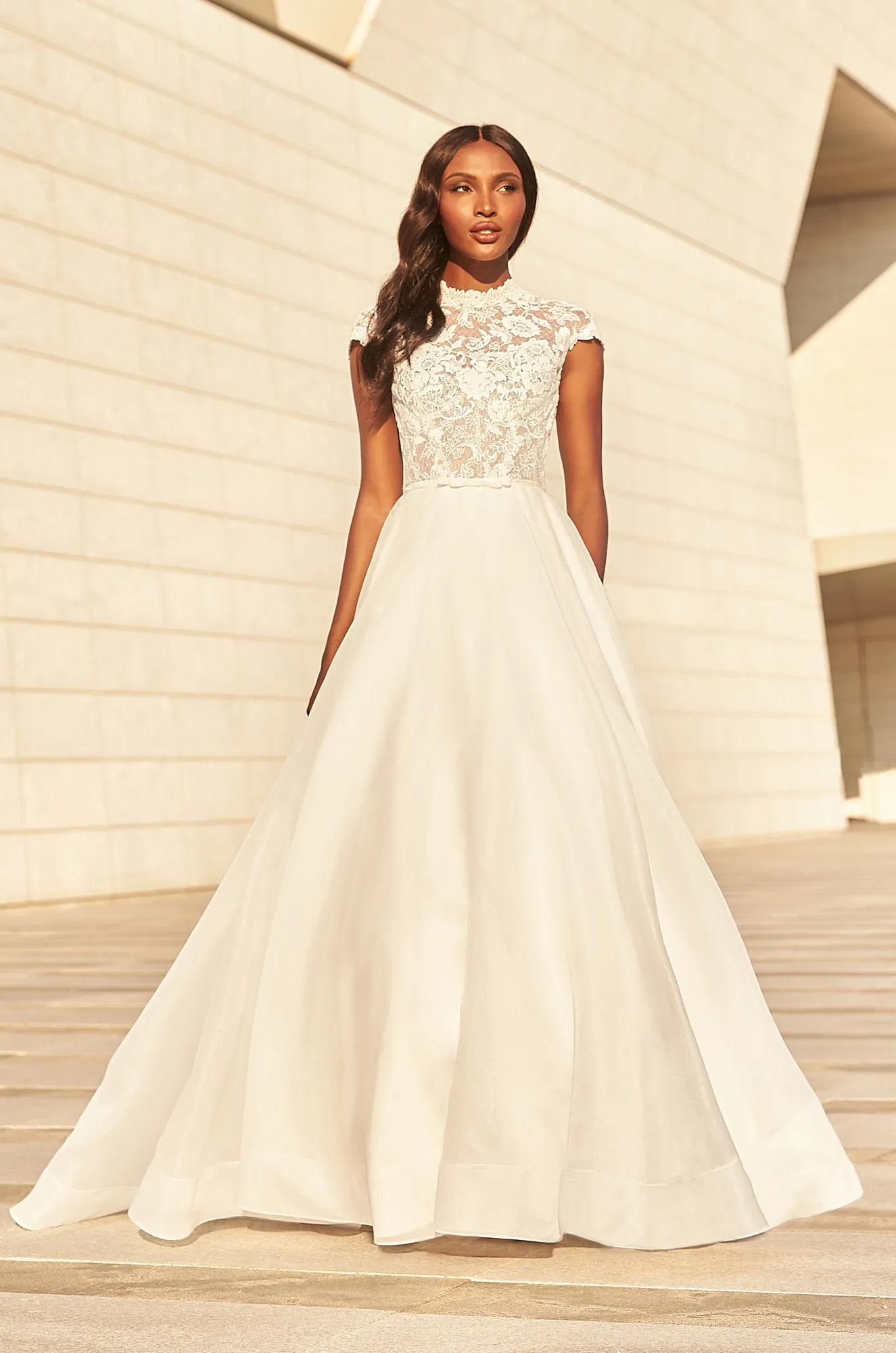 Modest Long Sleeve High-neck Lace & Tulle Wedding Gown - Promfy